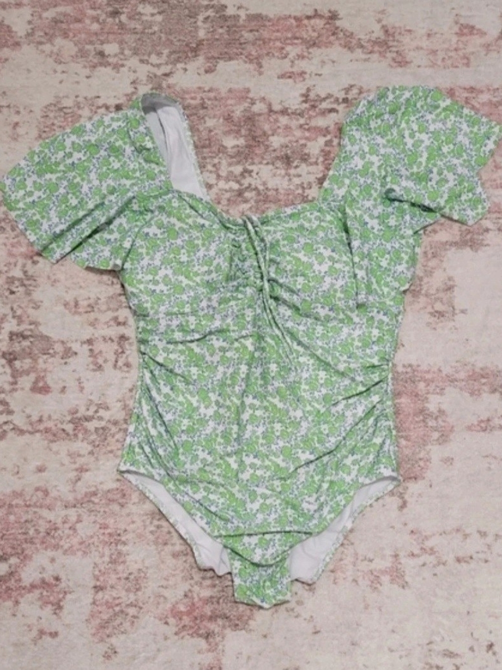 No Brand Ruffle Off Shoulder Floral Lime Green Bathing Suit - XXL